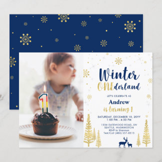 Winter Onederland, Gold & Navy Boy 1. Geburtstag Einladung