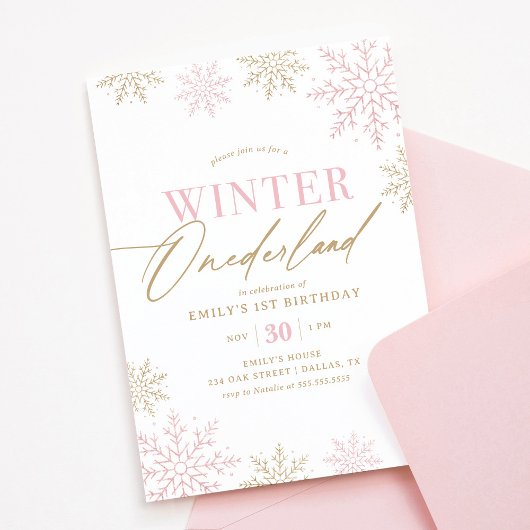 Winter Onederland Gold Pink Glitzer 1. Geburtstag Einladung