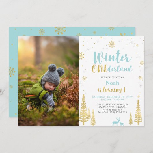 Winter Onederland, Junge 1. Foto Geburtstag Einladung (Vorne/Hinten)