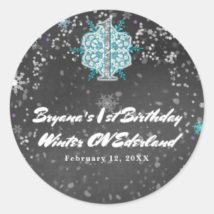 Winter ONEderland Kreide Teal & Lila 1. Geburtstag Runder Aufkleber
