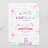 Winter Onederland Lila, Blau und Rosa Einladung (Vorne/Hinten)