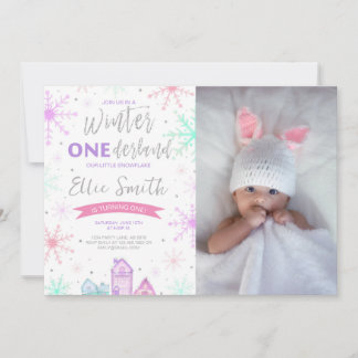 Winter Onederland Lila, Blau und Rosa Foto Einladung
