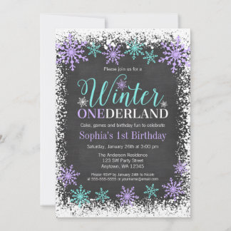 Winter ONEderland Lila Chalkboard 1. Geburtstag Einladung