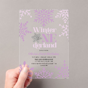 Winter Onederland Lila Schneeblume 1. Geburtstag Acryleinladungen