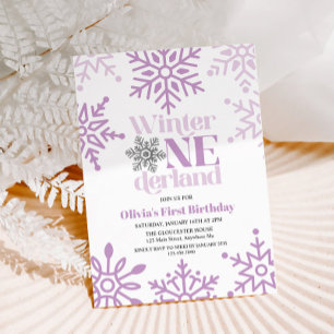 Winter Onederland Lila Schneeblume 1. Geburtstag Einladung