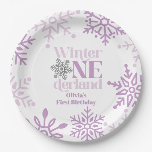 Winter Onederland Lila Snowflake 1. Geburtstag Pappteller (Vorderseite)