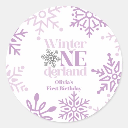Winter Onederland Lila Snowflake 1. Geburtstag Runder Aufkleber (Vorderseite)