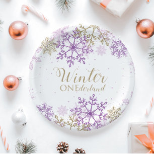 Winter Onederland Lila und Gold Schneeflocken Tell Pappteller