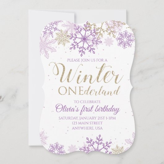 Winter Onederland Lila und Gold Snowflake Einladun Einladung (Vorderseite)