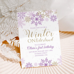 Winter Onederland Lila und Gold Snowflake Einladun Einladung