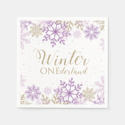 Winter Onederland Lila und Gold Snowflake Serviette (Vorderseite)