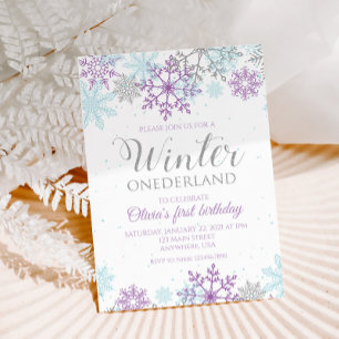 Winter Onederland Lila und Silberschneeflocke Einladung