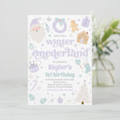 Winter ONEderland Lila Weihnachten Geburtstagspart Einladung (Stehend Vorderseite)