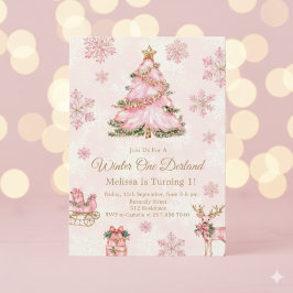 Winter-Onederland-Mädchen 1. Geburtstag Rosa Schne Einladung