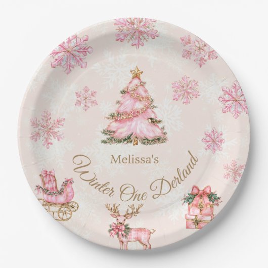 Winter-Onederland-Mädchen 1. Geburtstag Rosa Schne Pappteller (Vorderseite)