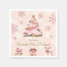 Winter-Onederland-Mädchen 1. Geburtstag Rosa Schne Serviette