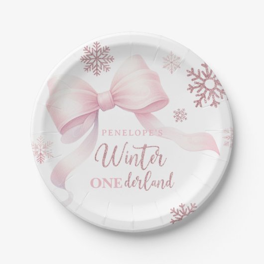 Winter Onederland Mädchen mit rosa Schleife 1. Geb Pappteller (Vorderseite)