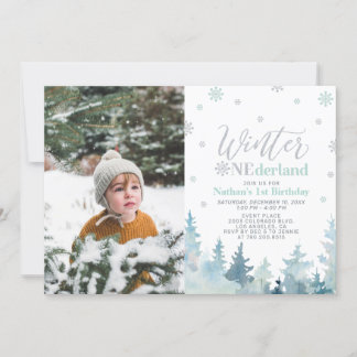Winter Onederland Mint Boy 1. Geburtstag Foto Einladung