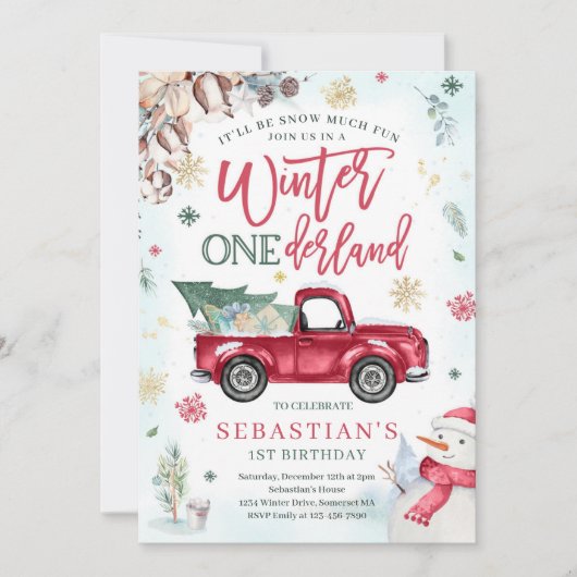 Winter ONEderland Navy Winter Truck Snowman Party Einladung (Vorderseite)
