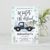 Winter ONEderland Navy Winter Truck Snowman Party Einladung (Stehend Vorderseite)