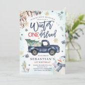 Winter ONEderland Navy Winter Truck Snowman Party Einladung (Stehend Vorderseite)