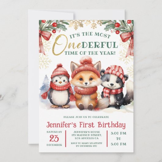 Winter Onederland Niedlich Snow Animals 1. Geburts Einladung (Vorderseite)