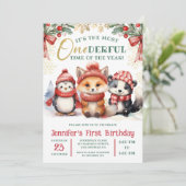 Winter Onederland Niedlich Snow Animals 1. Geburts Einladung (Stehend Vorderseite)