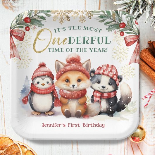Winter Onederland Niedlich Snow Animals 1. Geburts Pappteller