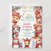 Winter Onederland Niedlich Wintertiere 1. Geburtst Einladung (Vorderseite)