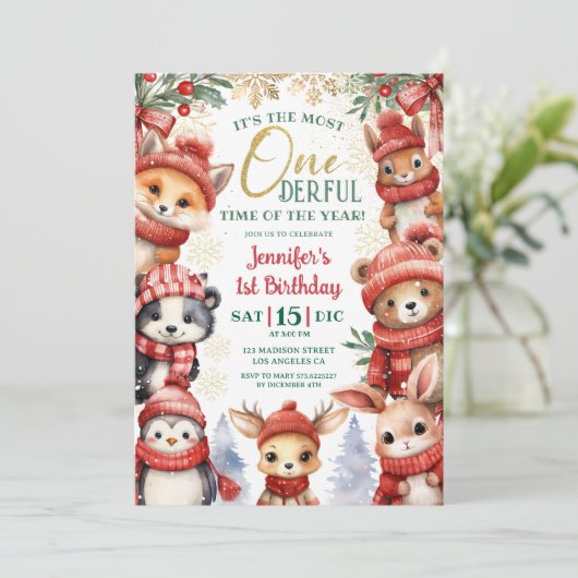 Winter Onederland Niedlich Wintertiere 1. Geburtst Einladung (Stehend Vorderseite)