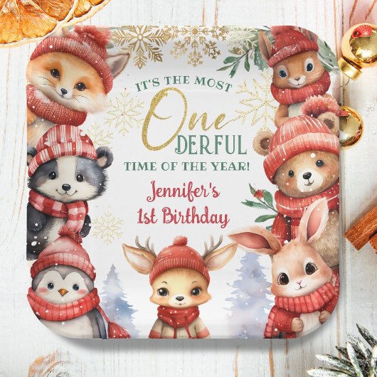 Winter Onederland Niedlich Wintertiere 1. Geburtst Pappteller