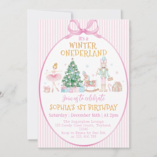 Winter Onederland Nutcracker Pink Bow Birthday Einladung (Vorderseite)