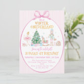 Winter Onederland Nutcracker Pink Bow Birthday Einladung (Stehend Vorderseite)