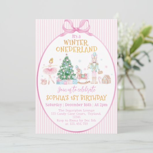 Winter Onederland Nutcracker Pink Bow Birthday Einladung (Stehend Vorderseite)