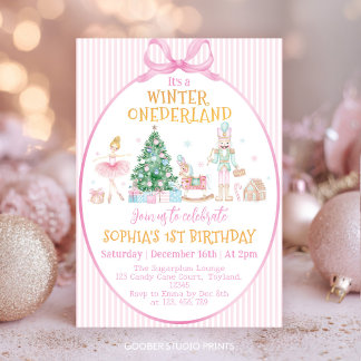 Winter Onederland Nutcracker Pink Bow Birthday Einladung