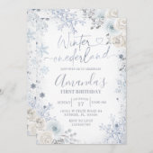 Winter Onederland Pastell Blue Snowflake Geburtsta Einladung (Vorne/Hinten)