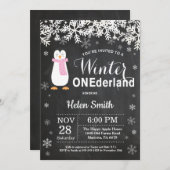 Winter Onederland Penguin Girl 1. Geburtstag Einladung (Vorne/Hinten)