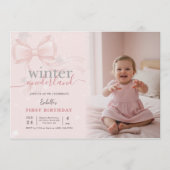 Winter ONEderland Photo Pink Bow First Birthday Einladung (Vorderseite)