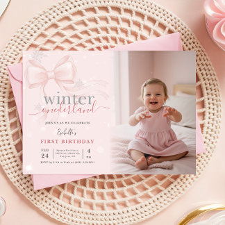 Winter ONEderland Photo Pink Bow First Birthday Einladung