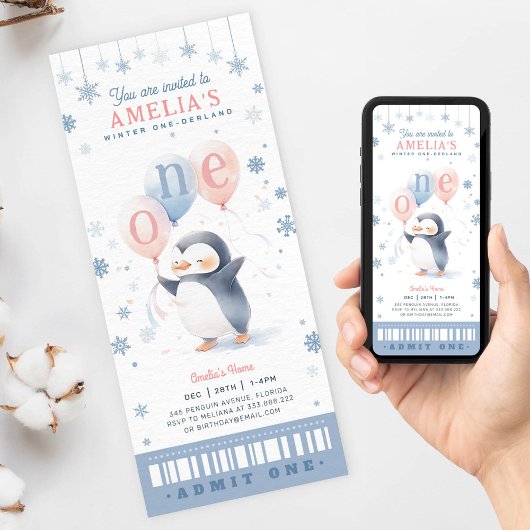 Winter Onederland Pinguin 1. Geburtstag Ticketpass Einladung
