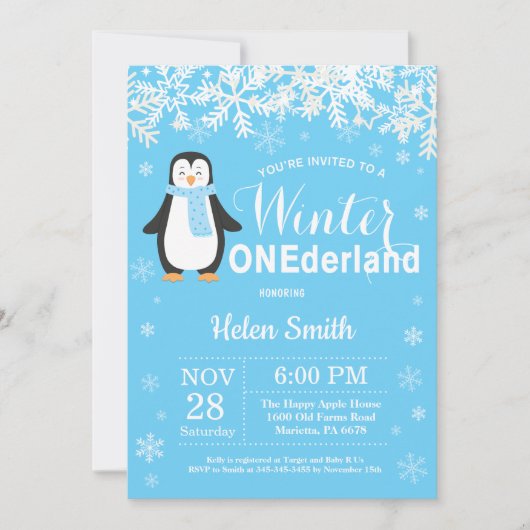 Winter Onederland Pinguin Boy 1. Geburtstag Einladung (Vorderseite)