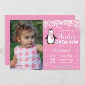Winter Onederland Pinguin Girl 1. Geburtstag Einladung (Vorne/Hinten)