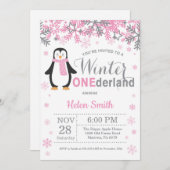 Winter Onederland Pinguin Girl 1. Geburtstag Einladung (Vorne/Hinten)