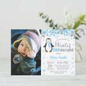 Winter Onederland Pinguin-Jungen-1. Geburtstag Einladung (Stehend Vorderseite)