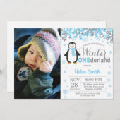 Winter Onederland Pinguin-Jungen-1. Geburtstag Einladung (Vorne/Hinten)