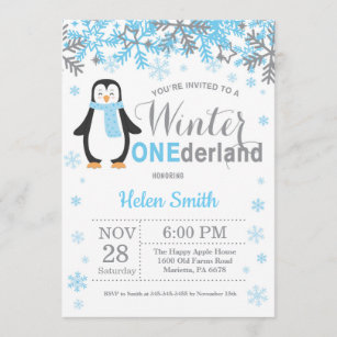 Winter Onederland Pinguin-Jungen-1. Geburtstag Einladung