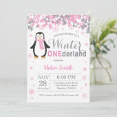 Winter Onederland Pinguin-Mädchen-1. Geburtstag Einladung (Stehend Vorderseite)