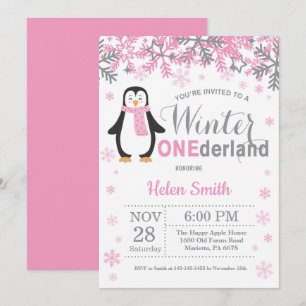 Winter Onederland Pinguin-Mädchen-1. Geburtstag Einladung