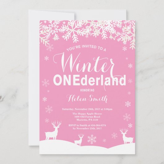 Winter Onederland Pink 1. Geburtstag Einladung (Vorderseite)