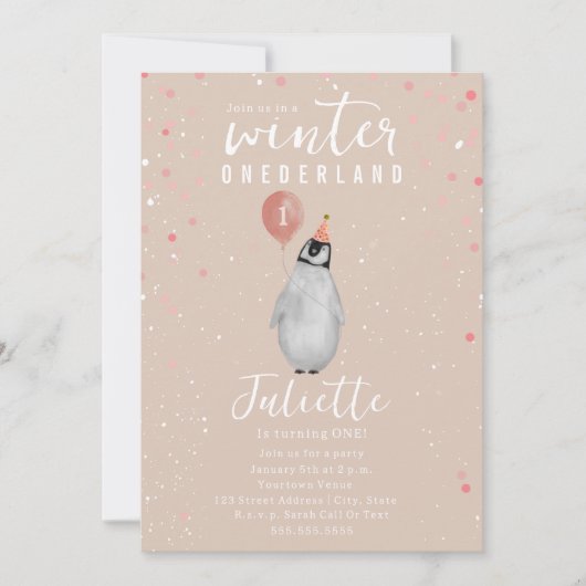 Winter Onederland Pink Balloon Pinguin Birthday Einladung (Vorderseite)